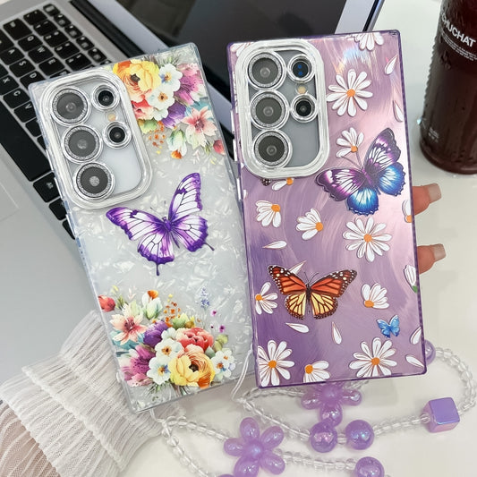 For Samsung Galaxy S25 Ultra 5G Plating Texture Butterfly Wristband TPU Phone Case with Glitter Lens Film(Blue Butterflies HU3) by buy2fix