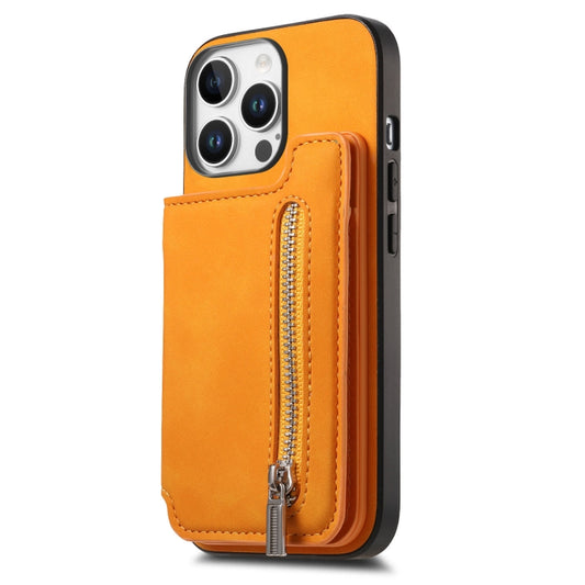 For iPhone 16 Pro Retro MagSafe Zipper Wallet Card Bag Back Phone Case(Yellow) - iPhone 16 Pro Cases by buy2fix | Online Shopping UK | buy2fix