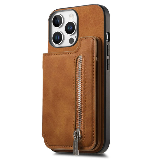 For iPhone 16 Pro Retro MagSafe Zipper Wallet Card Bag Back Phone Case(Brown) - iPhone 16 Pro Cases by buy2fix | Online Shopping UK | buy2fix