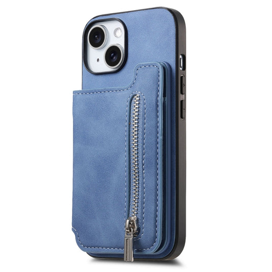 For iPhone 15 Plus Retro MagSafe Zipper Wallet Card Bag Back Phone Case(Blue) - iPhone 15 Plus Cases by buy2fix | Online Shopping UK | buy2fix
