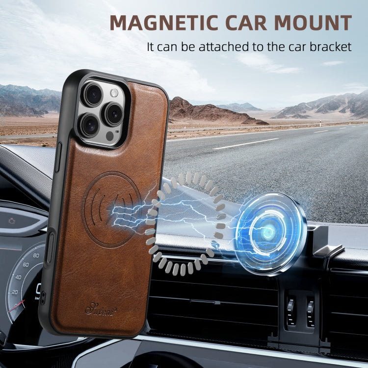 For iPhone 14 Plus Suteni H19 Oil Wax 2-in-1 MagSafe Removable Card Box Back Phone Case(Brown) - iPhone 14 Plus Cases by Suteni | Online Shopping UK | buy2fix