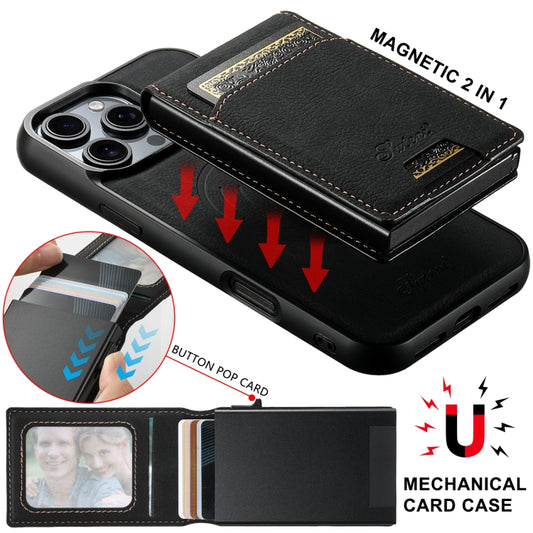 For iPhone 15 Pro Suteni H19 Litchi Grain 2-in-1 MagSafe Removable Card Box Back Phone Case(Black) - iPhone 15 Pro Cases by Suteni | Online Shopping UK | buy2fix