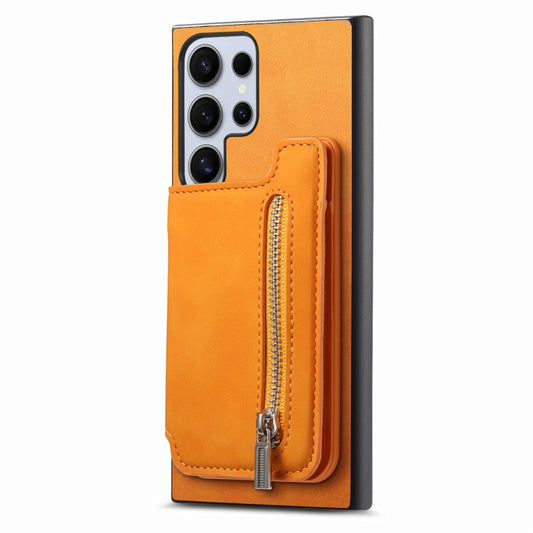 For Samsung Galaxy S25 Ultra 5G Retro MagSafe Zipper Wallet Card Bag Back Phone Case(Yellow) by buy2fix