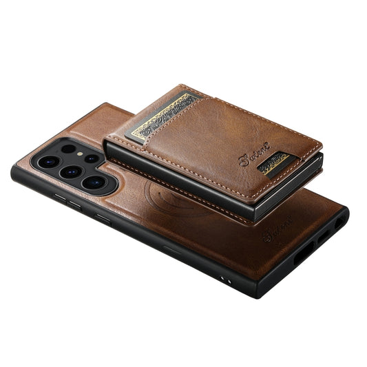 For Samsung Galaxy S22 5G Suteni H19 Oil Wax 2-in-1 MagSafe Removable Card Box Back Phone Case(Brown) - Galaxy S22 5G Cases by Suteni | Online Shopping UK | buy2fix