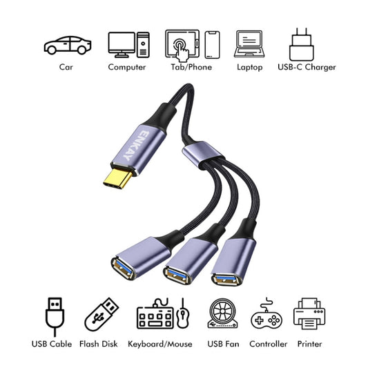 ENKAY ENK-CB171 Type-C to 3 USB 2.0 OTG Splitter Cable Extension Cord, Length:1.2m by ENKAY