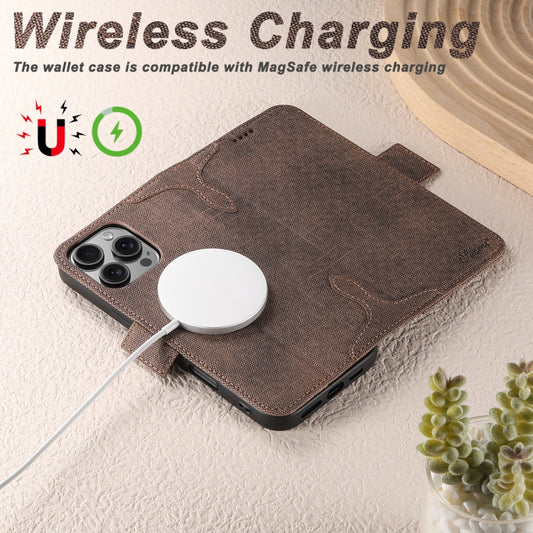 For iPhone 14 Suteni J07 Multi-functional Horizontal MagSafe Denim Leather Phone Case(Brown) - iPhone 14 Cases by Suteni | Online Shopping UK | buy2fix