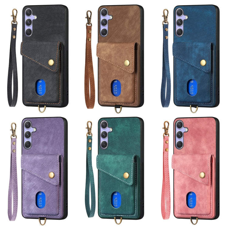 For Samsung Galaxy S25 5G Retro Card Wallet Fold Leather Phone Case with Strap(Brown) by buy2fix