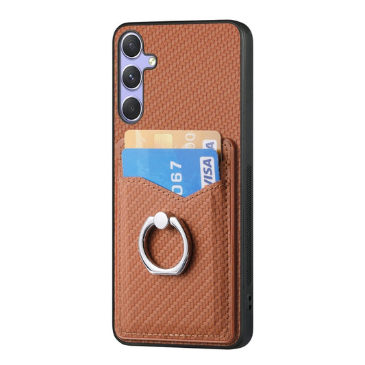 For Samsung Galaxy S25+ 5G Carbon Fiber Card Wallet Ring Phone Case(Brown) by buy2fix