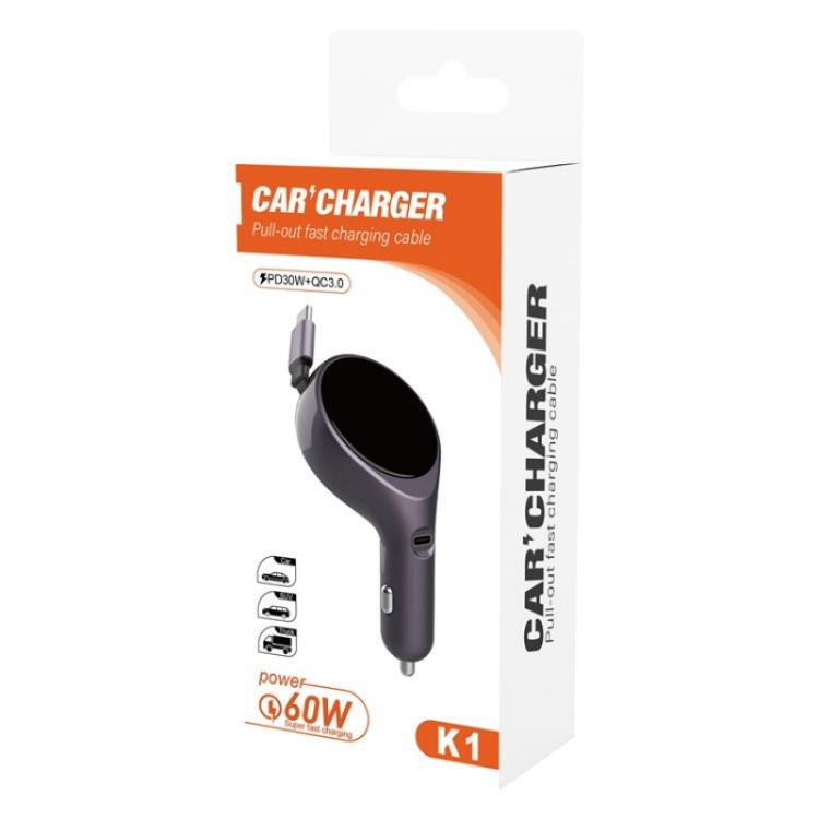 K1 With Retractable Cable Car Charger Type-C PD 20W Fast Charging Adapter by buy2fix