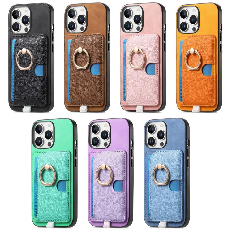 For iPhone 17 Pro Max Retro Cross Leather Ring Side Insert Card Bag MagSafe Phone Case(Yellow) - iPhone 17 Pro Max Cases by buy2fix | Online Shopping UK | buy2fix