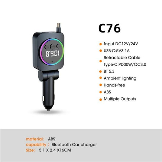 C76 Retractable Cable PD 30W Car Charger Cigarette Lighter Adapter Bluetooth FM Transmitter - Car Charger by buy2fix | Online Shopping UK | buy2fix