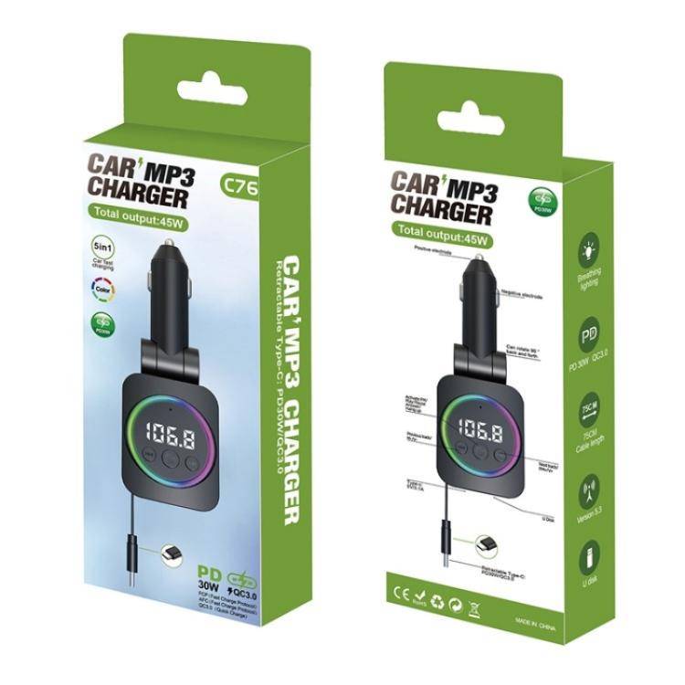 C76 Retractable Cable PD 30W Car Charger Cigarette Lighter Adapter Bluetooth FM Transmitter - Car Charger by buy2fix | Online Shopping UK | buy2fix
