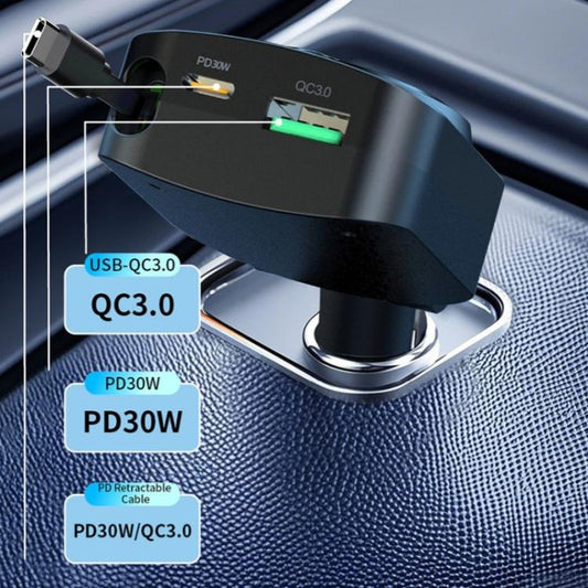 K38 Retractable Cable USB + Type-C Car Charger PD 30W Fast Charging Cigarette Lighter Adapter - Car Charger by buy2fix | Online Shopping UK | buy2fix
