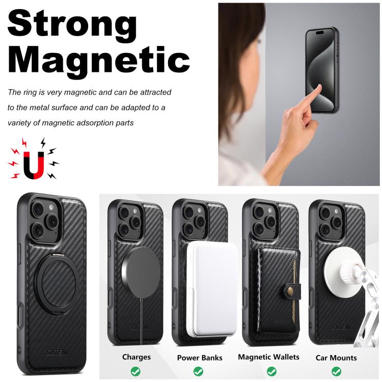 For iPhone 16 Suteni G3 Carbon Fiber Leather 360 Rotation Holder MagSafe Phone Case(Black) - iPhone 16 Cases by Suteni | Online Shopping UK | buy2fix