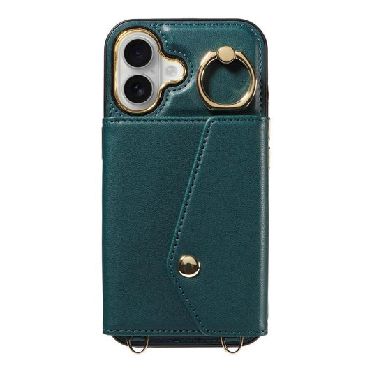 For iPhone 16 Diagonal Crossbody Ring Organ Wallet Leather Back Phone Case(Dark Green) - iPhone 16 Cases by buy2fix | Online Shopping UK | buy2fix
