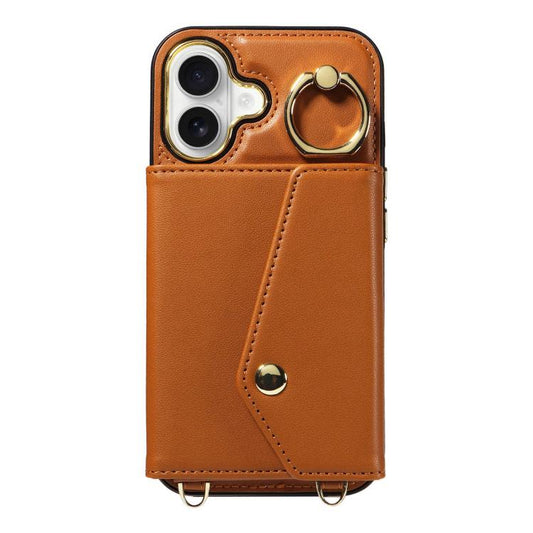 For iPhone 16 Diagonal Crossbody Ring Organ Wallet Leather Back Phone Case(Brown) - iPhone 16 Cases by buy2fix | Online Shopping UK | buy2fix