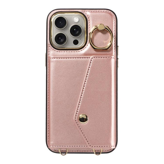 For iPhone 15 Pro Diagonal Crossbody Ring Organ Wallet Leather Back Phone Case(Rose Gold) - iPhone 15 Pro Cases by buy2fix | Online Shopping UK | buy2fix