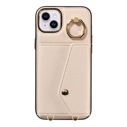 For iPhone 15 Diagonal Crossbody Ring Organ Wallet Leather Back Phone Case(Beige) - iPhone 15 Cases by buy2fix | Online Shopping UK | buy2fix