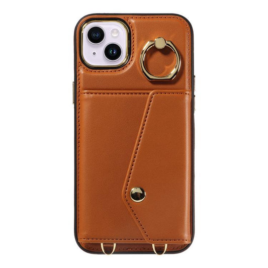 For iPhone 15 Diagonal Crossbody Ring Organ Wallet Leather Back Phone Case(Brown) - iPhone 15 Cases by buy2fix | Online Shopping UK | buy2fix
