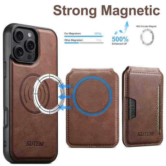 For iPhone 16 Pro Max Suteni M3 Card Bag MagSafe Cowhide Texture Leather Phone Case(Brown) - iPhone 16 Pro Max Cases by Suteni | Online Shopping UK | buy2fix