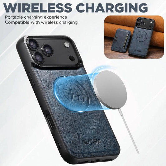 For iPhone 17 Pro Suteni M3 Card Bag MagSafe Cowhide Texture Leather Phone Case(Blue) - iPhone 17 Pro Cases by Suteni | Online Shopping UK | buy2fix