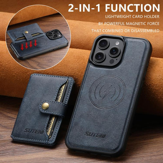For iPhone 12 Pro Suteni M4 Magnetic Card Bag MagSafe Leather Phone Case(Blue) - iPhone 12 / 12 Pro Cases by Suteni | Online Shopping UK | buy2fix