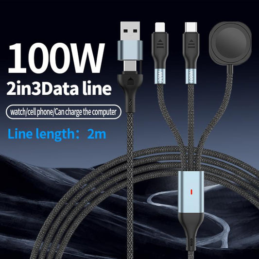 2m 2-in-3 100W PD Fast Charging Date Cable for Phone and Watch - Multifunction Cable by buy2fix | Online Shopping UK | buy2fix