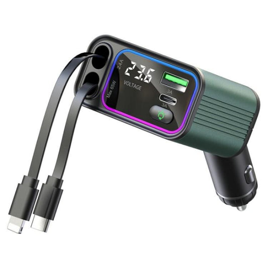 GC08B Type-C + 8 Pin Retractable Cables Car Fast Charger Ambient Light Voltage Display Adapter - Car Charger by buy2fix | Online Shopping UK | buy2fix