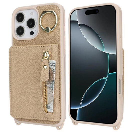 For iPhone 14 Pro Crossbody Zipper Wallet Ring Holder Litchi Leather Phone Case(Rose Gold) - iPhone 14 Pro Cases by buy2fix | Online Shopping UK | buy2fix