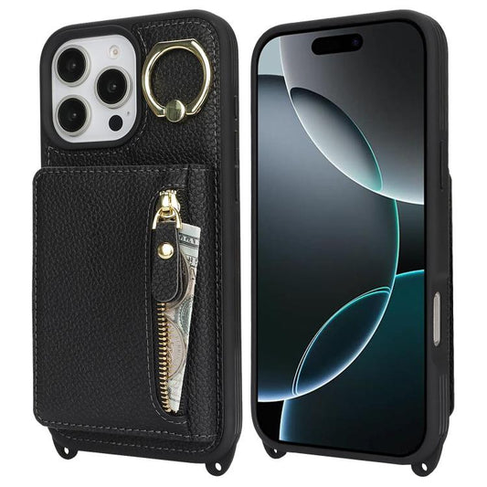 For iPhone 14 Pro Max Crossbody Zipper Wallet Ring Holder Litchi Leather Phone Case(Black) - iPhone 14 Pro Max Cases by buy2fix | Online Shopping UK | buy2fix
