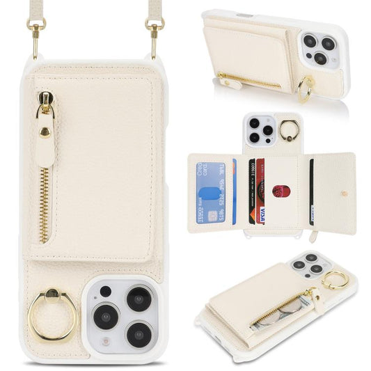 For iPhone 16 Pro Max Crossbody Zipper Wallet Ring Holder Litchi Leather Phone Case(Apricot) - iPhone 16 Pro Max Cases by buy2fix | Online Shopping UK | buy2fix