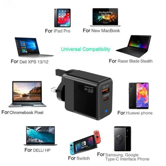 GaN PD 45W + QC3.0 USB Fully Compatible Protocol Charger for MacBook,UK Plug(Black) - Cable & Adapter by buy2fix | Online Shopping UK | buy2fix