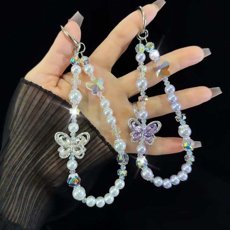 Tassel Pearl Double Butterfly Phone Chain(White) - Lanyards & Wrist Straps by buy2fix | Online Shopping UK | buy2fix