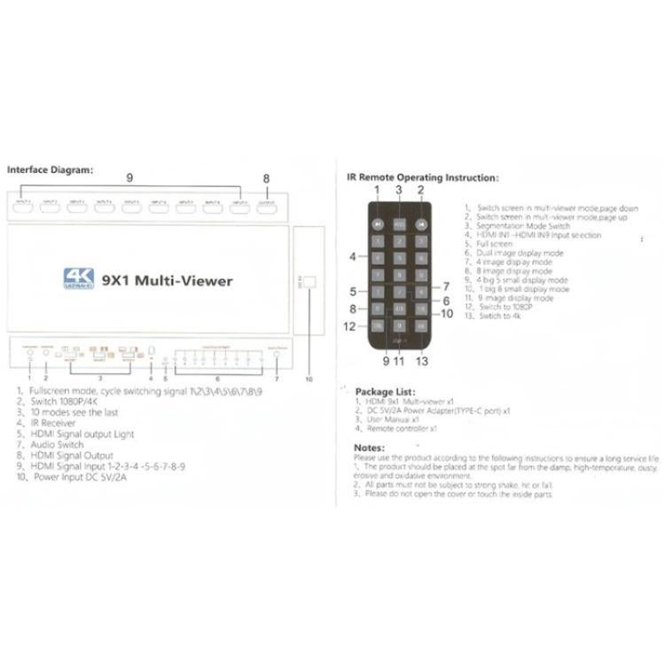 JQF1 9 in 1 Out Switch Adapter Screen Splitter 4K HDMI Multi Viewer Switcher, Plug:US Plug - Splitter by buy2fix | Online Shopping UK | buy2fix