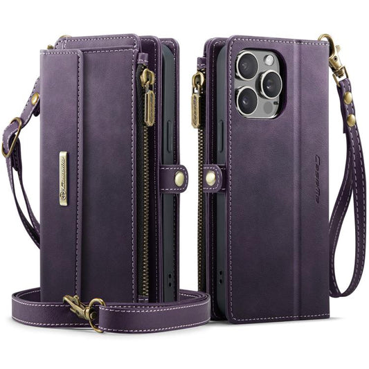 For iPhone 12 Pro Max CaseMe C39 RFID Blocking Zipper Wallet Leather Phone Case with Crossbody Strap(Purple) - iPhone 12 Pro Max Cases by CaseMe | Online Shopping UK | buy2fix
