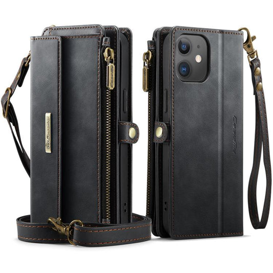 For iPhone 12 mini CaseMe C39 RFID Blocking Zipper Wallet Leather Phone Case with Crossbody Strap(Black) - iPhone 12 mini Cases by CaseMe | Online Shopping UK | buy2fix