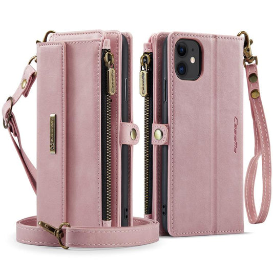 For iPhone 11 CaseMe C39 RFID Blocking Zipper Wallet Leather Phone Case with Crossbody Strap(Pink) - iPhone 11 Cases by CaseMe | Online Shopping UK | buy2fix
