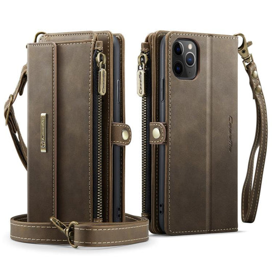 For iPhone 11 Pro CaseMe C39 RFID Blocking Zipper Wallet Leather Phone Case with Crossbody Strap(Coffee) - iPhone 11 Pro Cases by CaseMe | Online Shopping UK | buy2fix