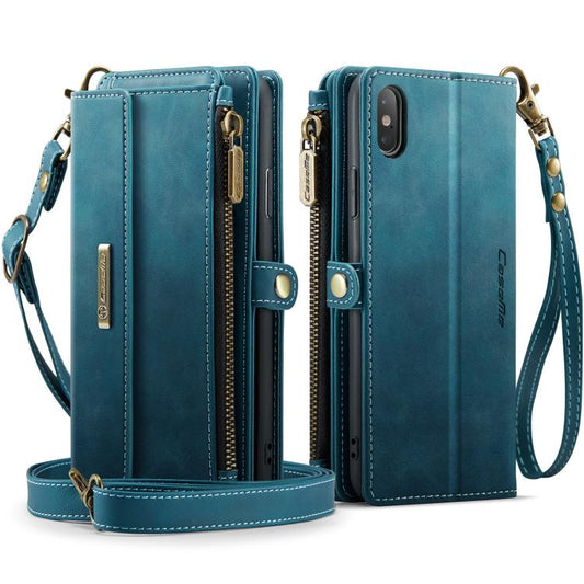 For iPhone X / XS CaseMe C39 RFID Blocking Zipper Wallet Leather Phone Case with Crossbody Strap(Green) - More iPhone Cases by CaseMe | Online Shopping UK | buy2fix