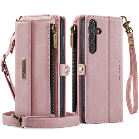For Samsung Galaxy S25 / S24 5G CaseMe C39 RFID Blocking Zipper Wallet Leather Phone Case with Crossbody Strap(Pink) - Galaxy S25 5G Cases by CaseMe | Online Shopping UK | buy2fix