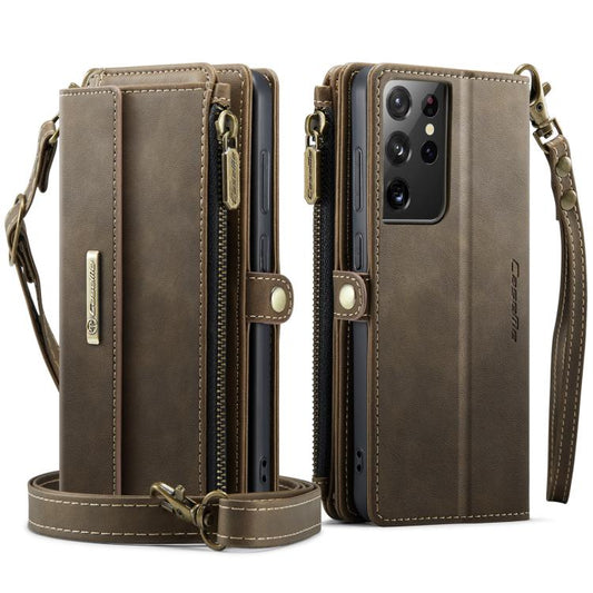 For Samsung Galaxy S21 Ultra 5G CaseMe C39 RFID Blocking Zipper Wallet Leather Phone Case with Crossbody Strap(Coffee) - Galaxy Phone Cases by CaseMe | Online Shopping UK | buy2fix