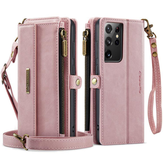 For Samsung Galaxy S21 Ultra 5G CaseMe C39 RFID Blocking Zipper Wallet Leather Phone Case with Crossbody Strap(Pink) - Galaxy Phone Cases by CaseMe | Online Shopping UK | buy2fix