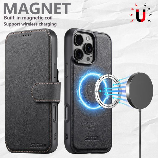 For iPhone 16 Pro Max Suteni Q05 2-in-1 Multi-function MagSafe Wallet Litchi Leather Phone Case(Black) - iPhone 16 Pro Max Cases by Suteni | Online Shopping UK | buy2fix