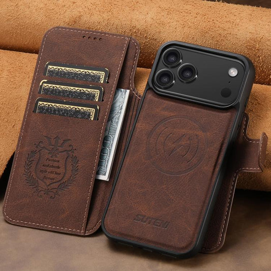 For iPhone 17 Pro Max Suteni Q05 2-in-1 Multi-function MagSafe Wallet Litchi Leather Phone Case(Brown) - iPhone 17 Pro Max Cases by Suteni | Online Shopping UK | buy2fix