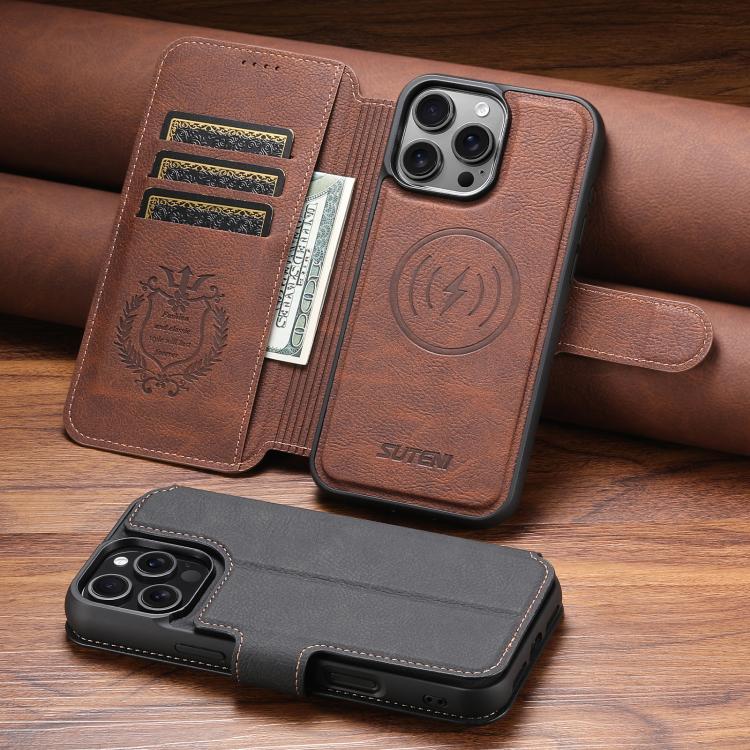 For iPhone 17 Pro Max Suteni Q05 2-in-1 Multi-function MagSafe Wallet Litchi Leather Phone Case(Brown) - iPhone 17 Pro Max Cases by Suteni | Online Shopping UK | buy2fix