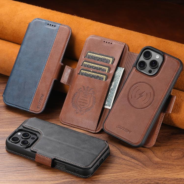 For iPhone 14 Suteni Q07 2-in-1 Multi-function Detachable Wallet MagSafe Phone Case(Brown) - iPhone 14 Cases by Suteni | Online Shopping UK | buy2fix