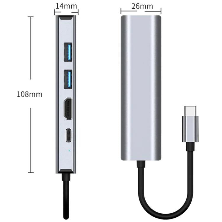 2403 Type-C to 100M RJ45 USB3.0 USB2.0 4K / 30Hz HD PD100W Adapter 5-in-1 USB Hub - USB HUB by buy2fix | Online Shopping UK | buy2fix