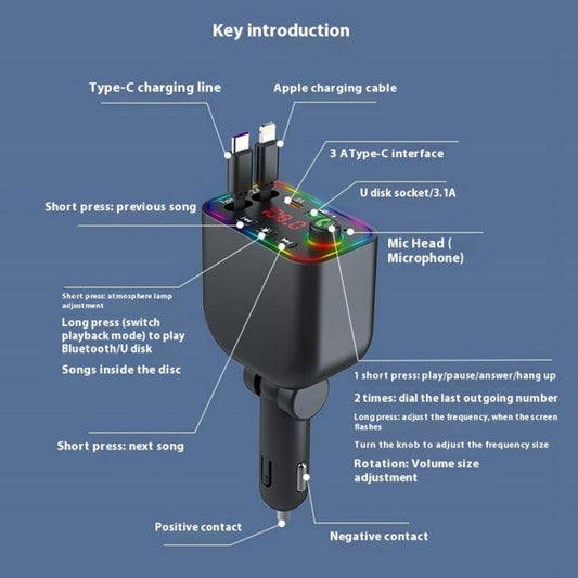 L4 Fast Charging Car Charger MP3 Player Retractable Cable FM Transmitter - Bluetooth Car Kits by buy2fix | Online Shopping UK | buy2fix