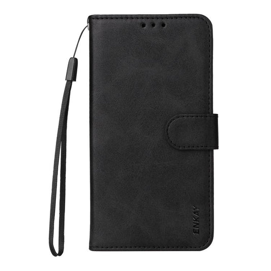 For iPhone 16 Plus ENKAY Card Wallet Calf Texture Leather Phone Case with Thickened Glue No White Edge Film(Black) - iPhone 16 Plus Cases by ENKAY | Online Shopping UK | buy2fix