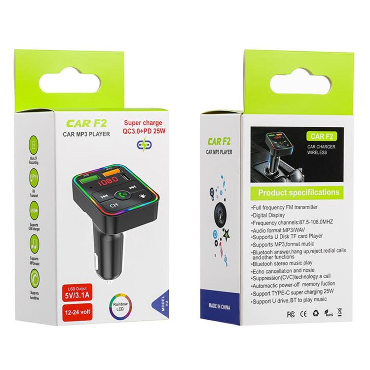 PDF2 With Ambient Light Fast Charger FM Transmitter Bluetooth Hands Free Call MP3 Player - Bluetooth Car Kits by buy2fix | Online Shopping UK | buy2fix